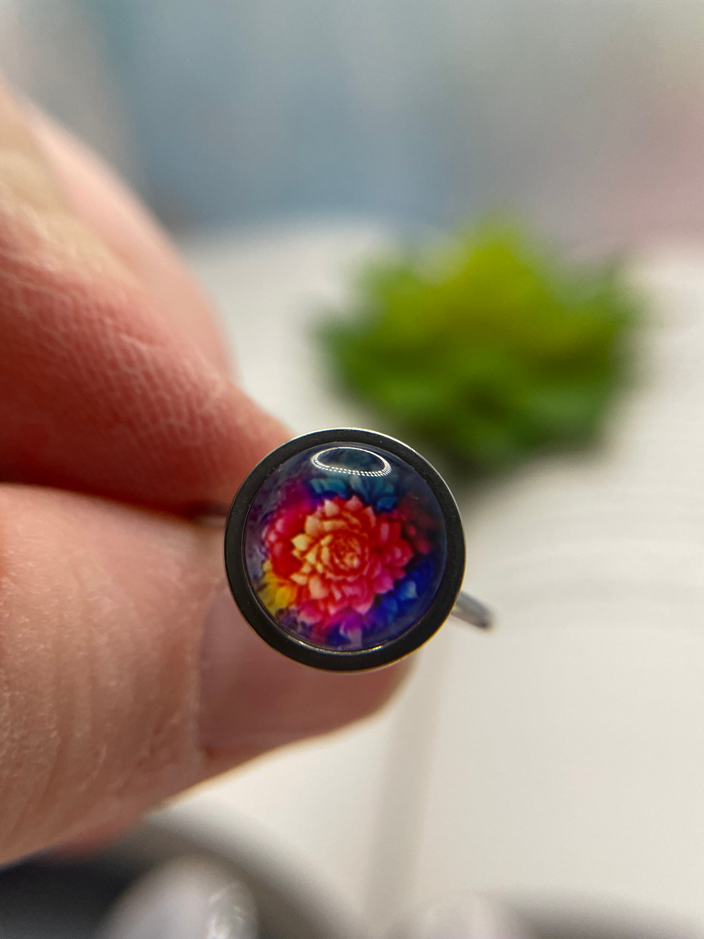 Glass Cabochon Adjustable Rings -Stainless Steel