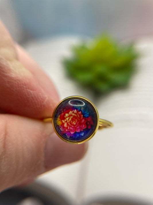 Glass Cabochon Adjustable Rings -Stainless Steel