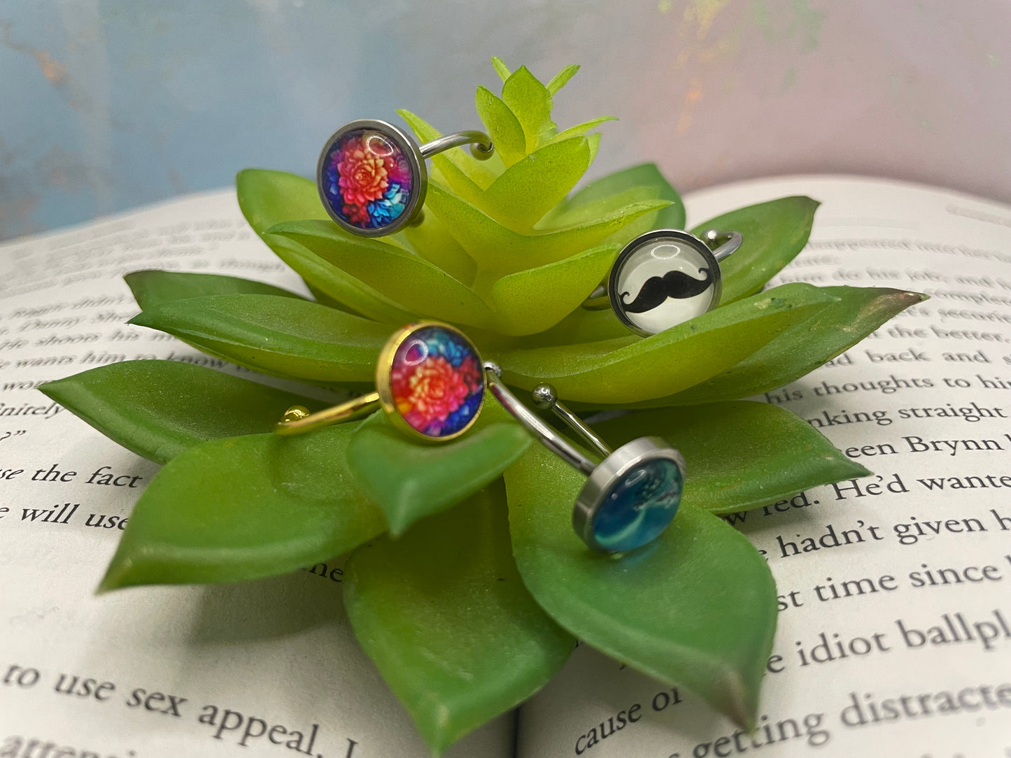 Glass Cabochon Adjustable Rings -Stainless Steel