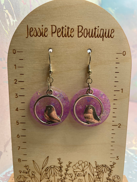 Silver Bird On Sparkly Pink Round Earrings-Nickel Free