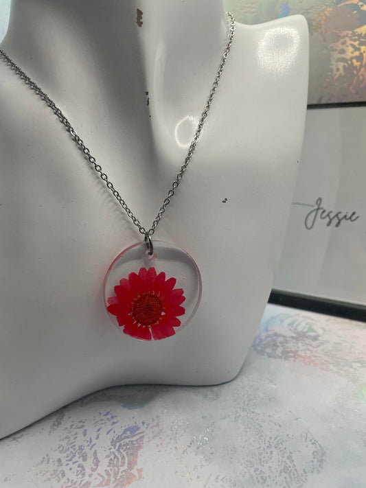 Red Daisy in Clear Pendant Necklace-23''