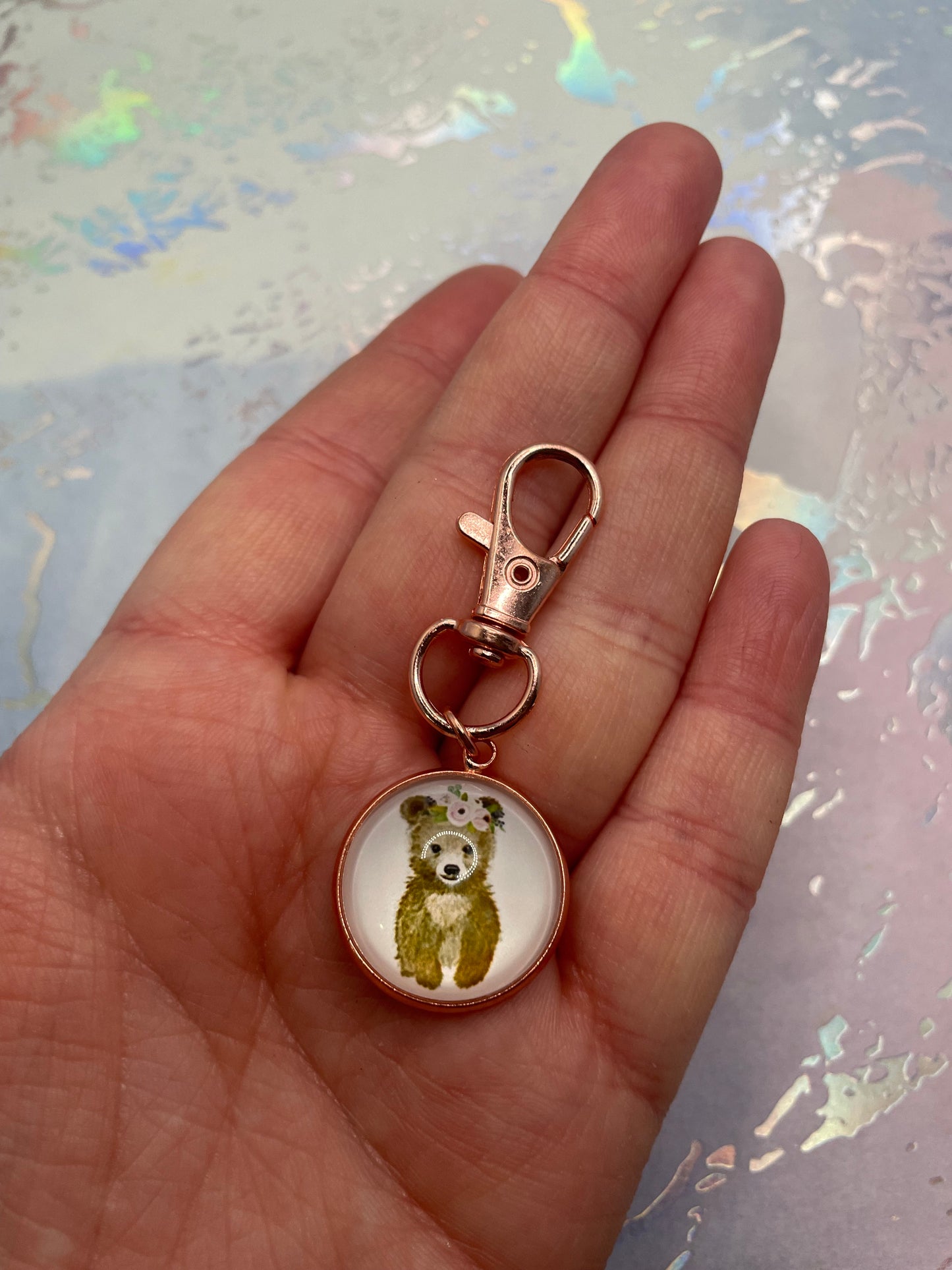 Animal with flower Keychain – Rose Gold Bezel
