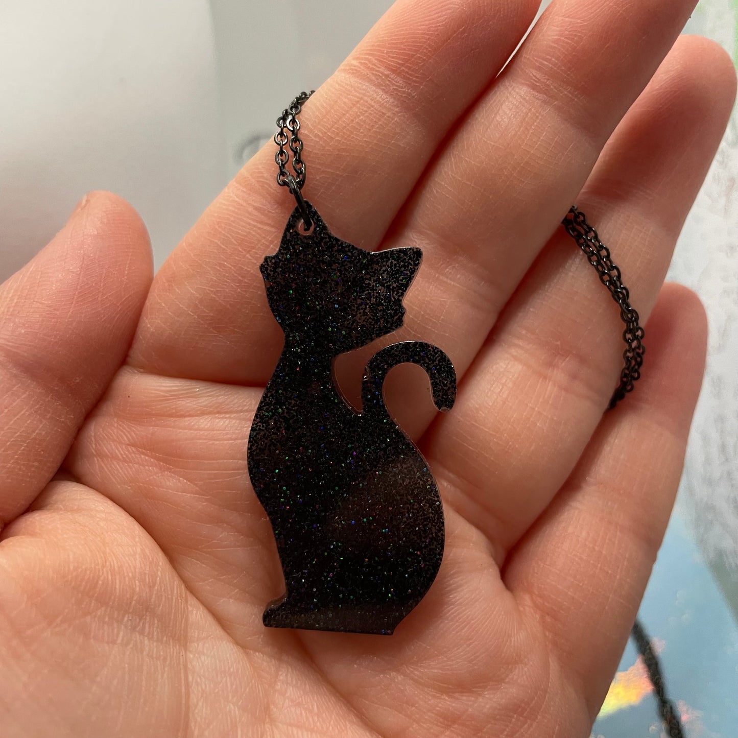 Sparkly Black Cat Necklace-23"Nickel Free