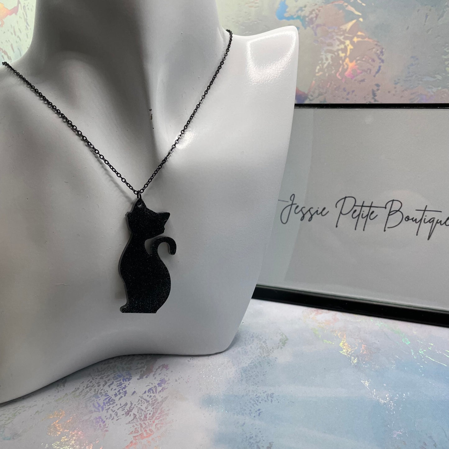 Sparkly Black Cat Necklace-23"Nickel Free