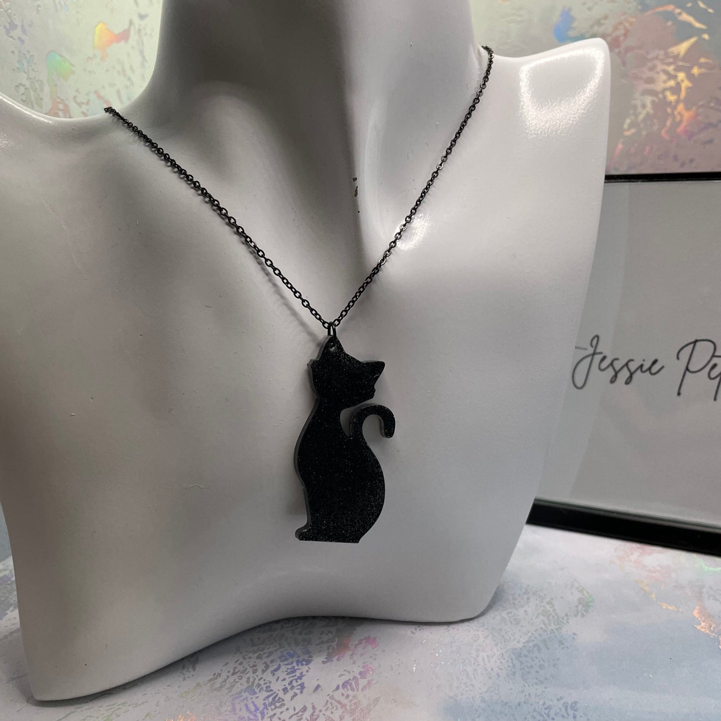 Sparkly Black Cat Necklace-23"Nickel Free