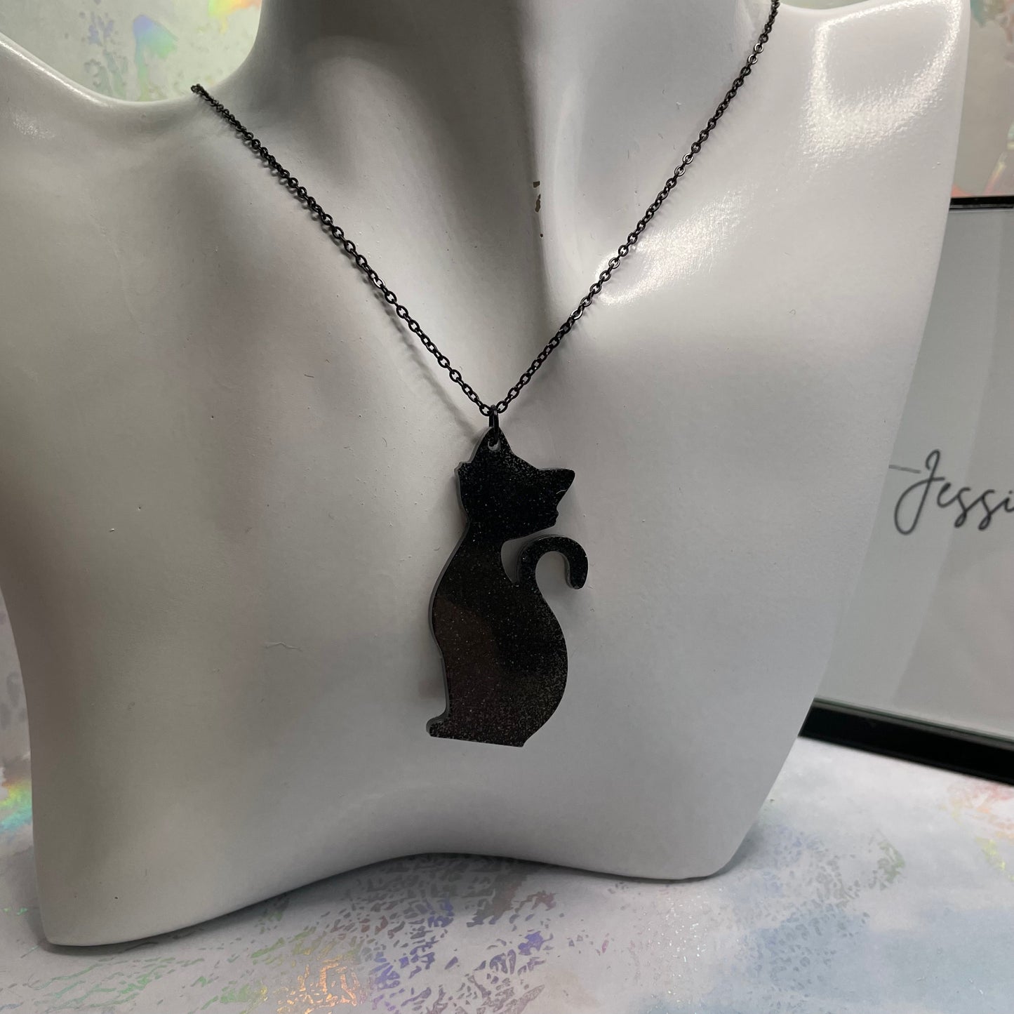 Sparkly Black Cat Necklace-23"Nickel Free