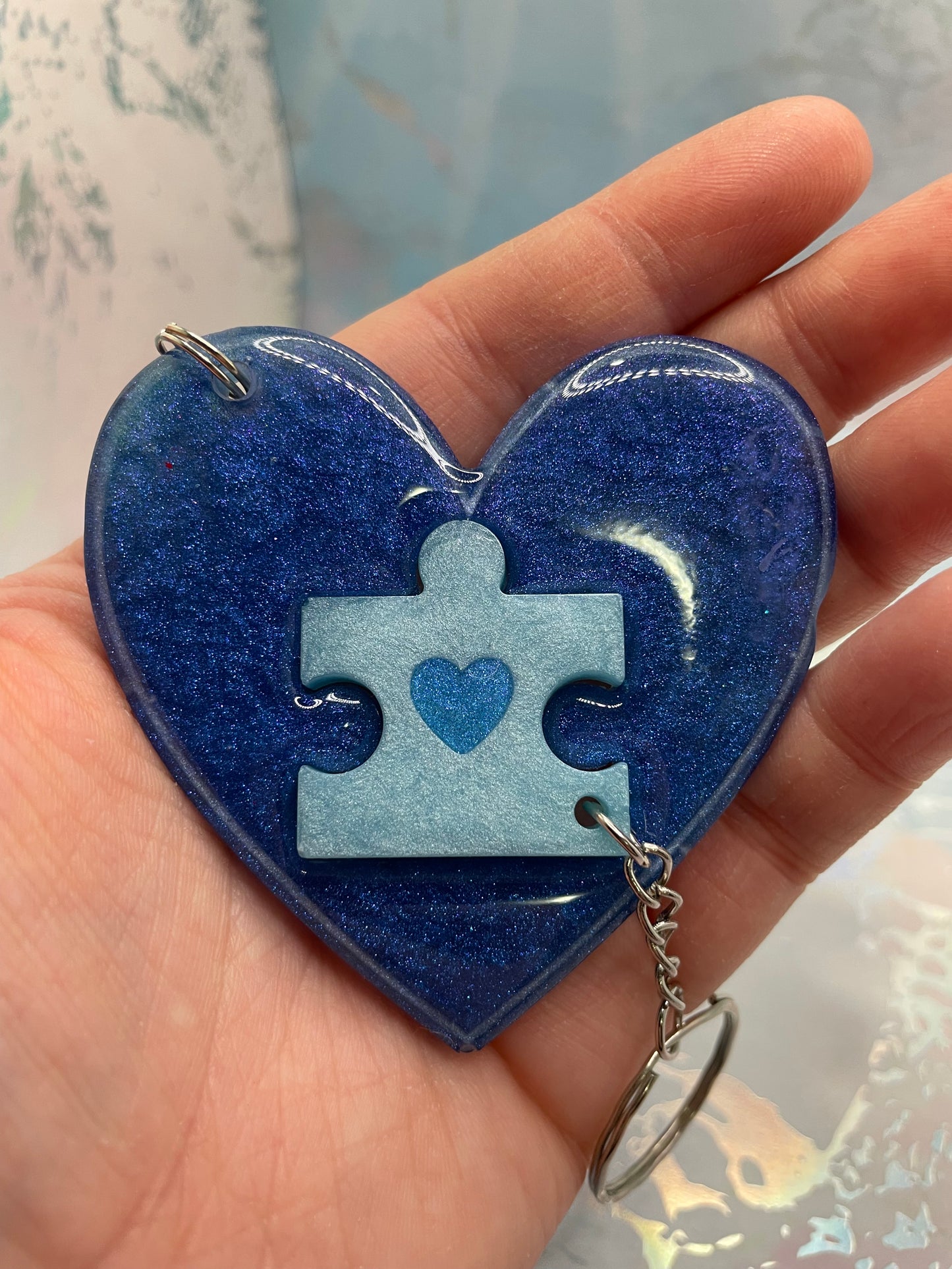 Matching Heart & Puzzle Resin Keychain Set
