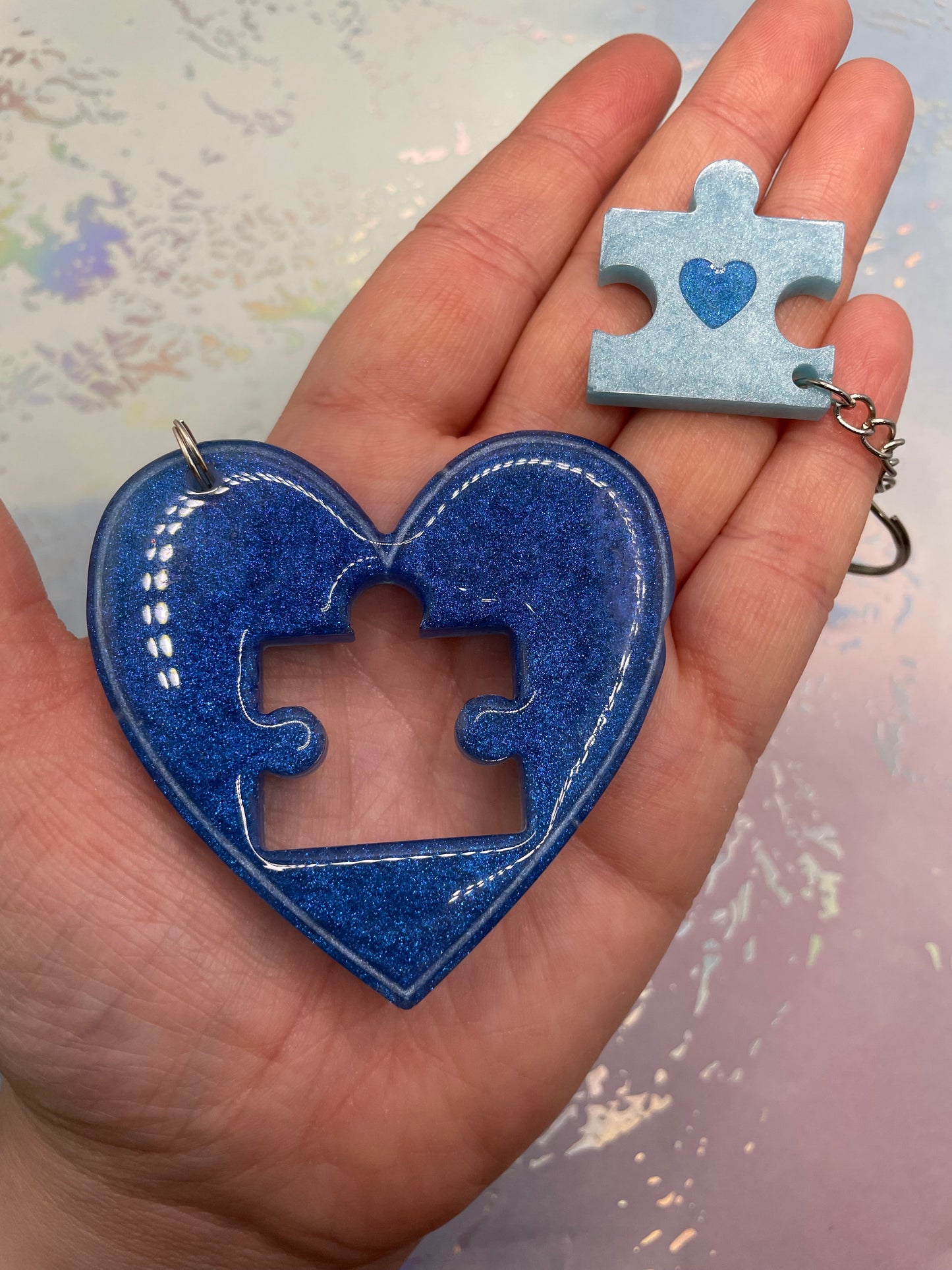 Matching Heart & Puzzle Resin Keychain Set
