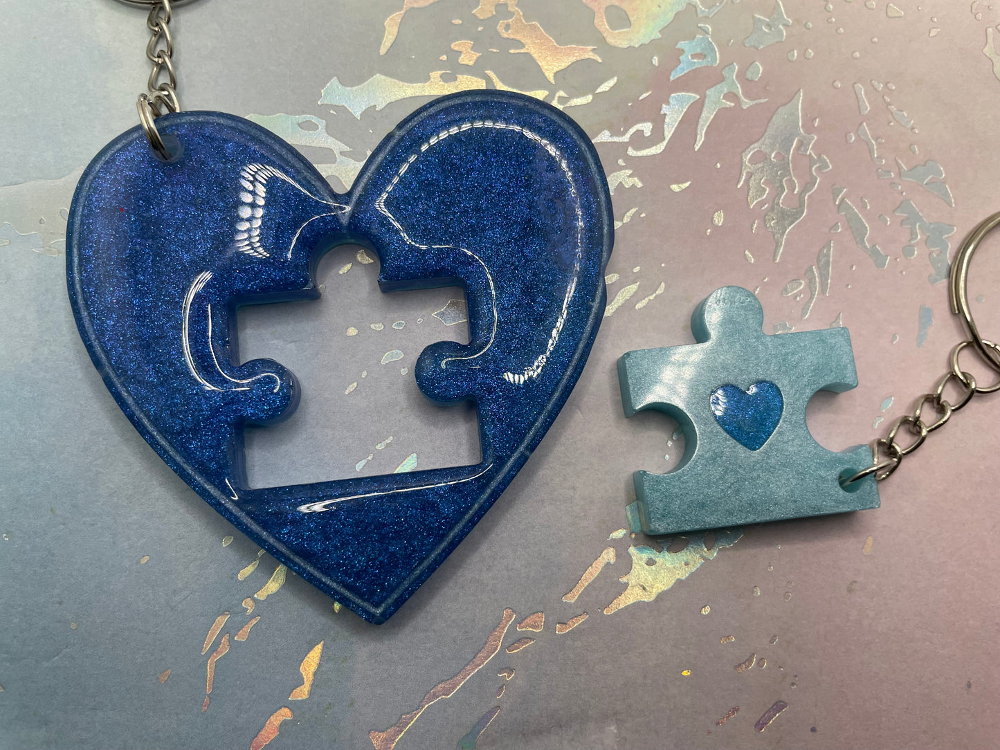 Matching Heart & Puzzle Resin Keychain Set