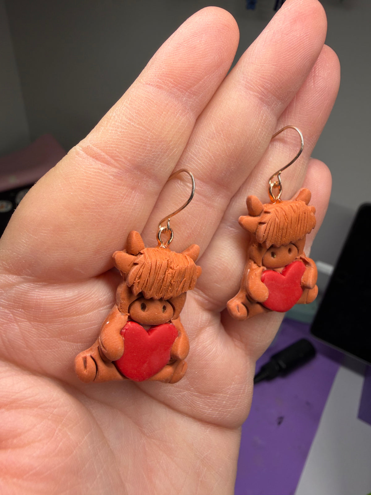 Highland Cow Heart Polymer Clay Earrings