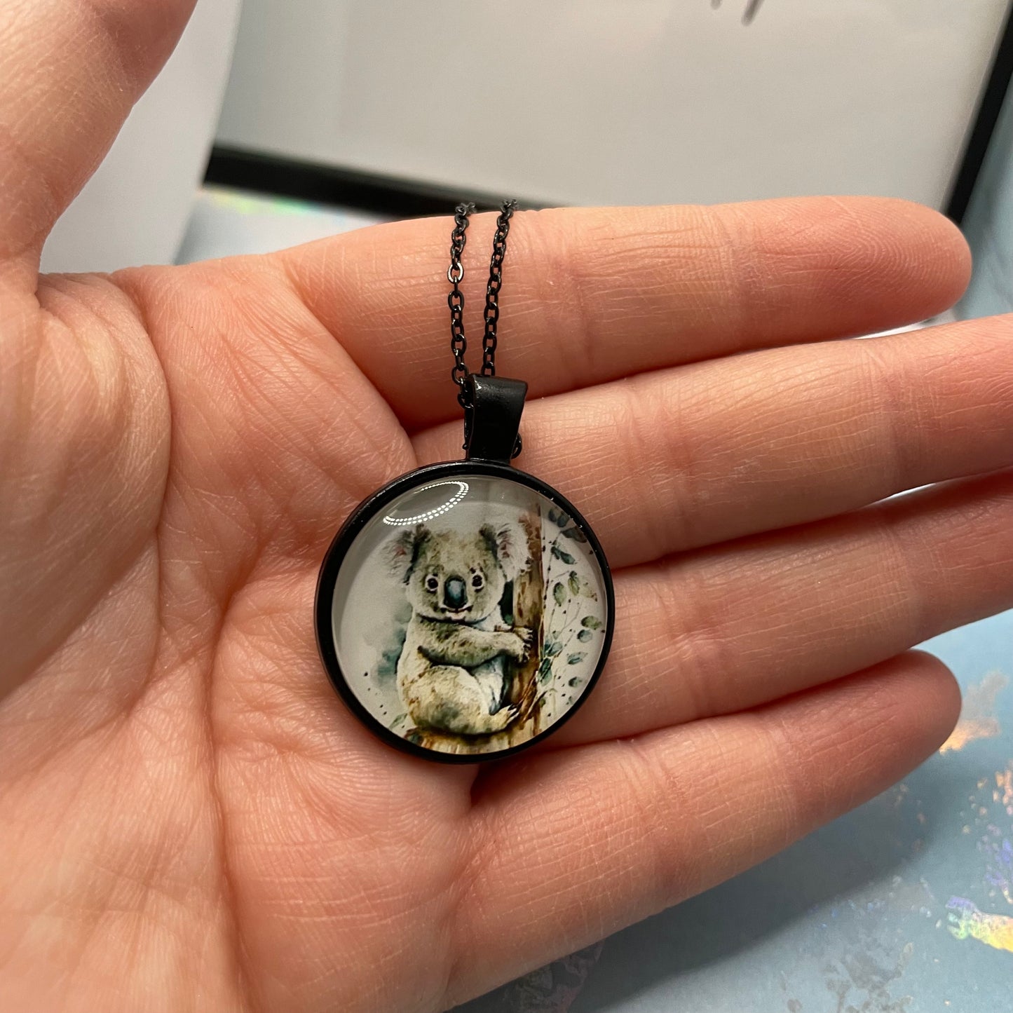 Koala Black Cabochon Necklace- Nickel Free