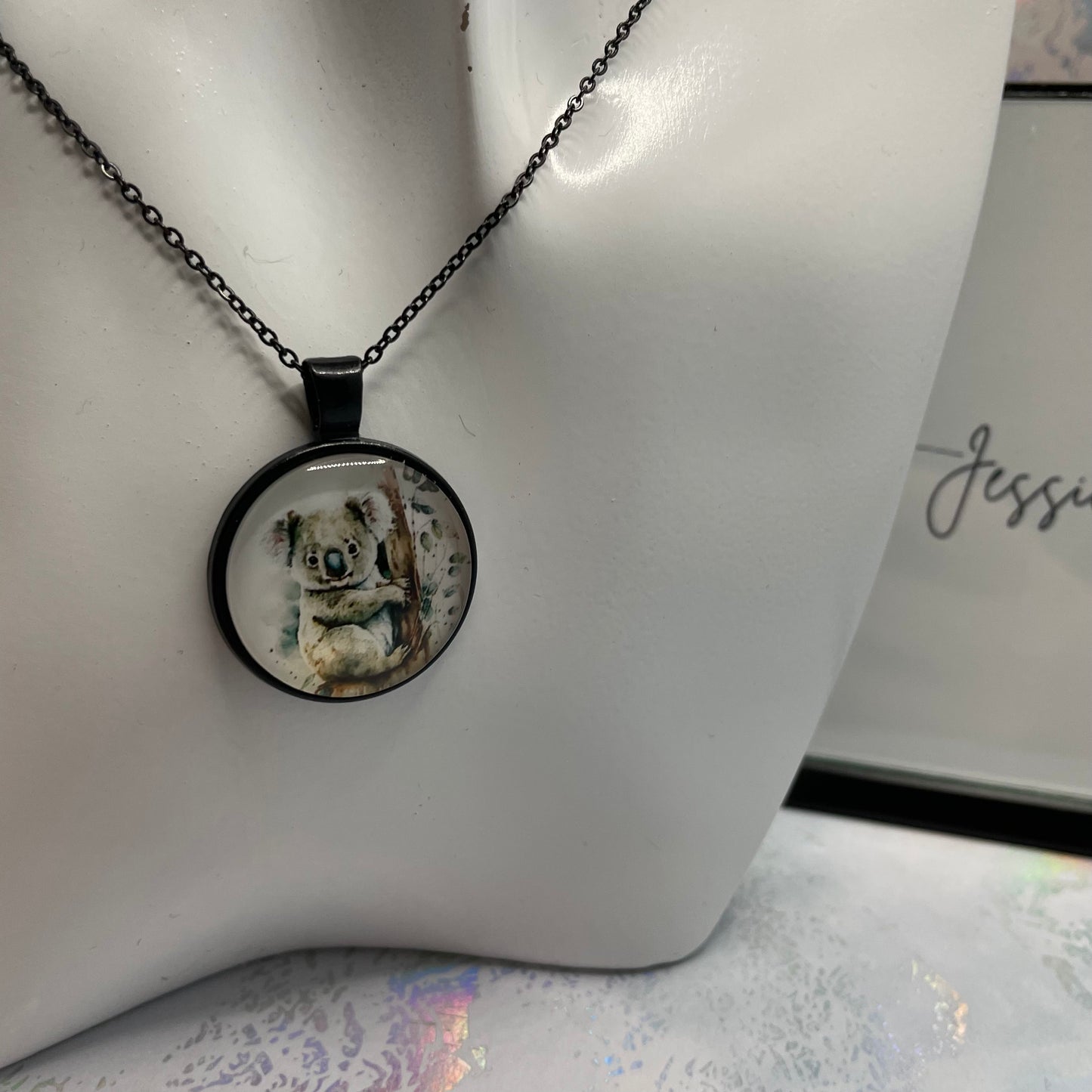 Koala Black Cabochon Necklace- Nickel Free
