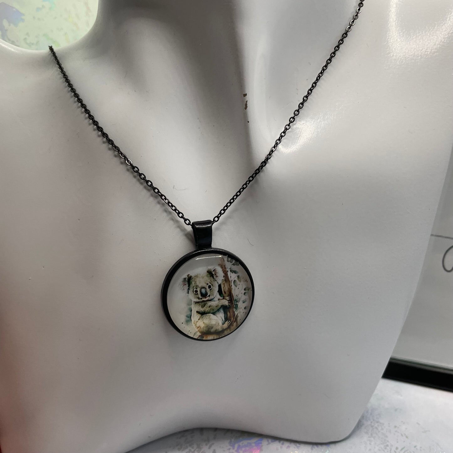 Koala Black Cabochon Necklace- Nickel Free