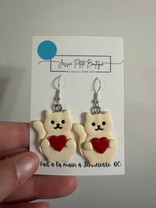Cat with Heart Polymer Clay Earrings