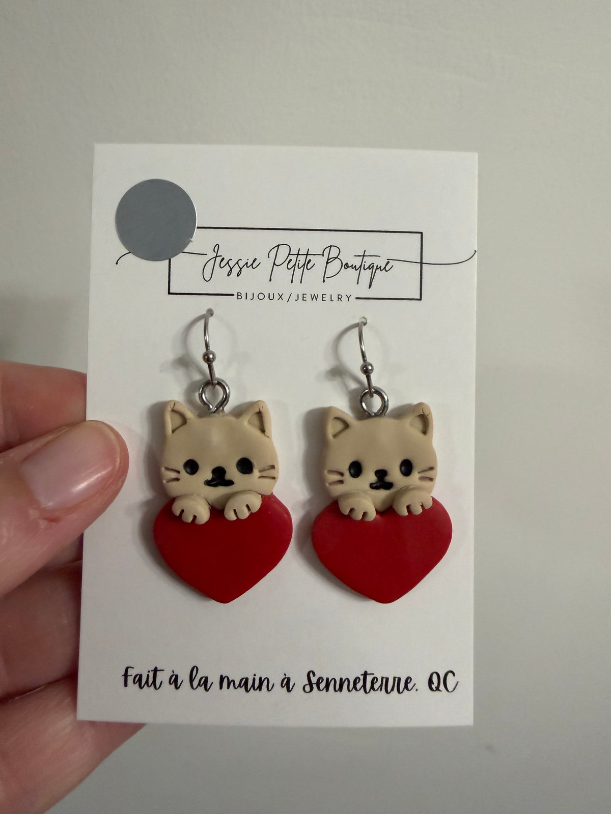 Cat with Heart Polymer Clay Earrings