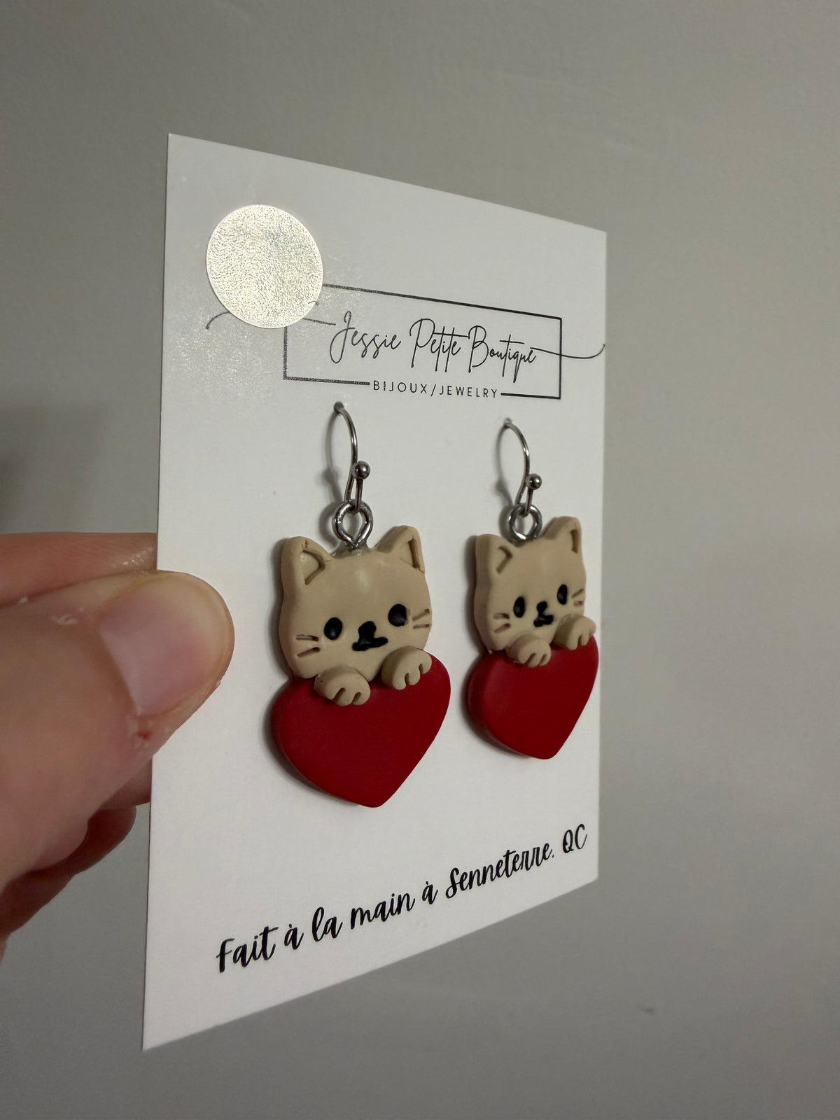 Cat with Heart Polymer Clay Earrings