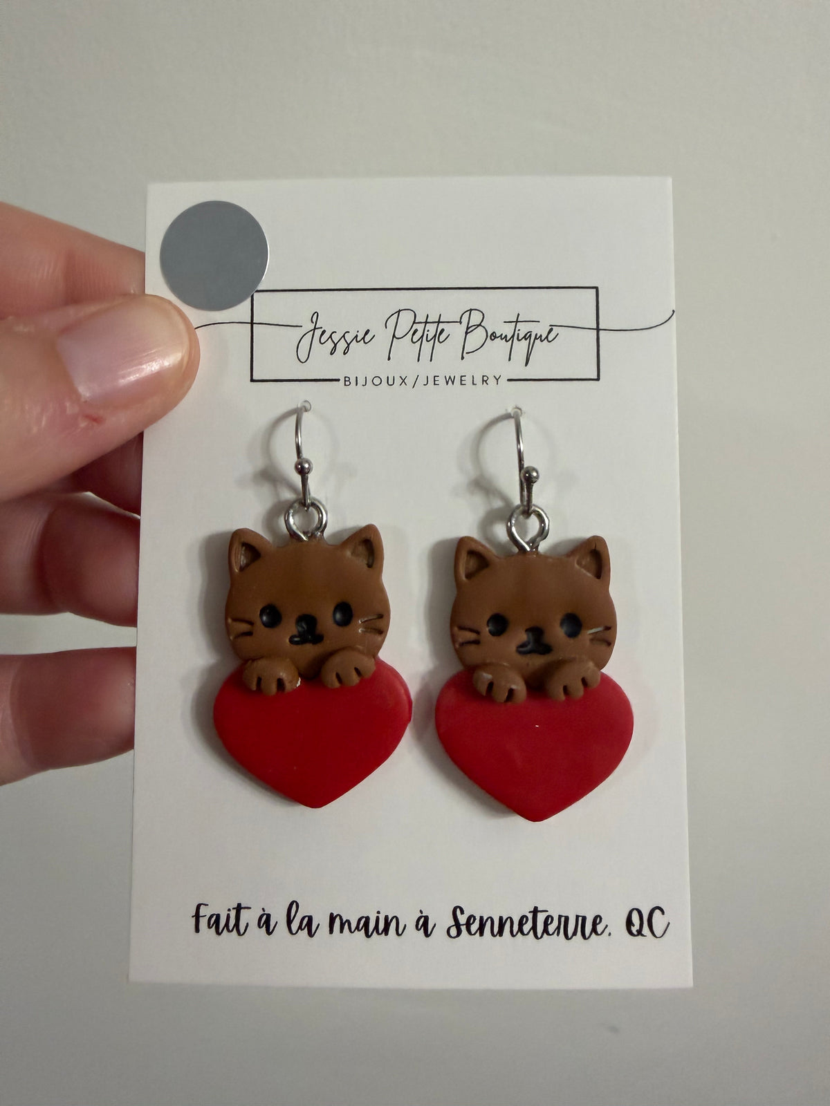 Cat with Heart Polymer Clay Earrings