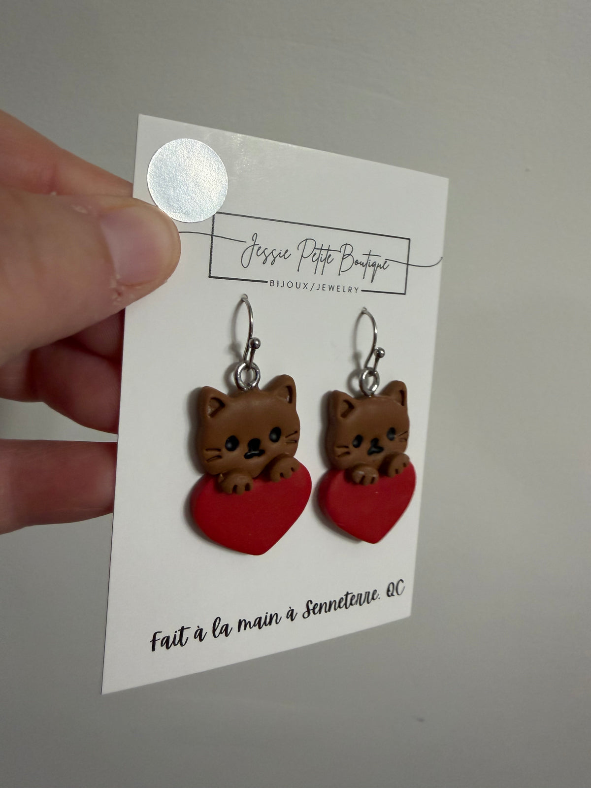 Cat with Heart Polymer Clay Earrings