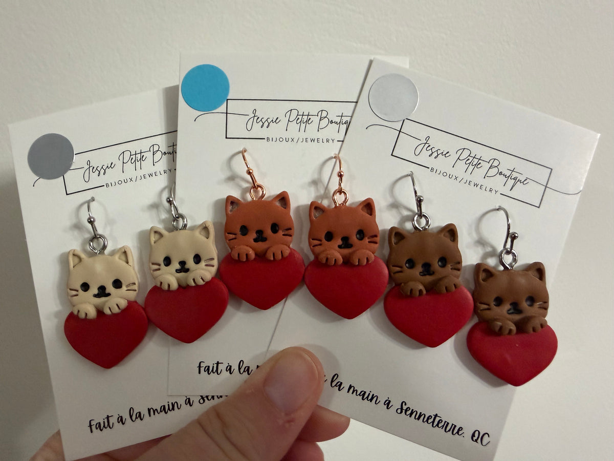 Cat with Heart Polymer Clay Earrings