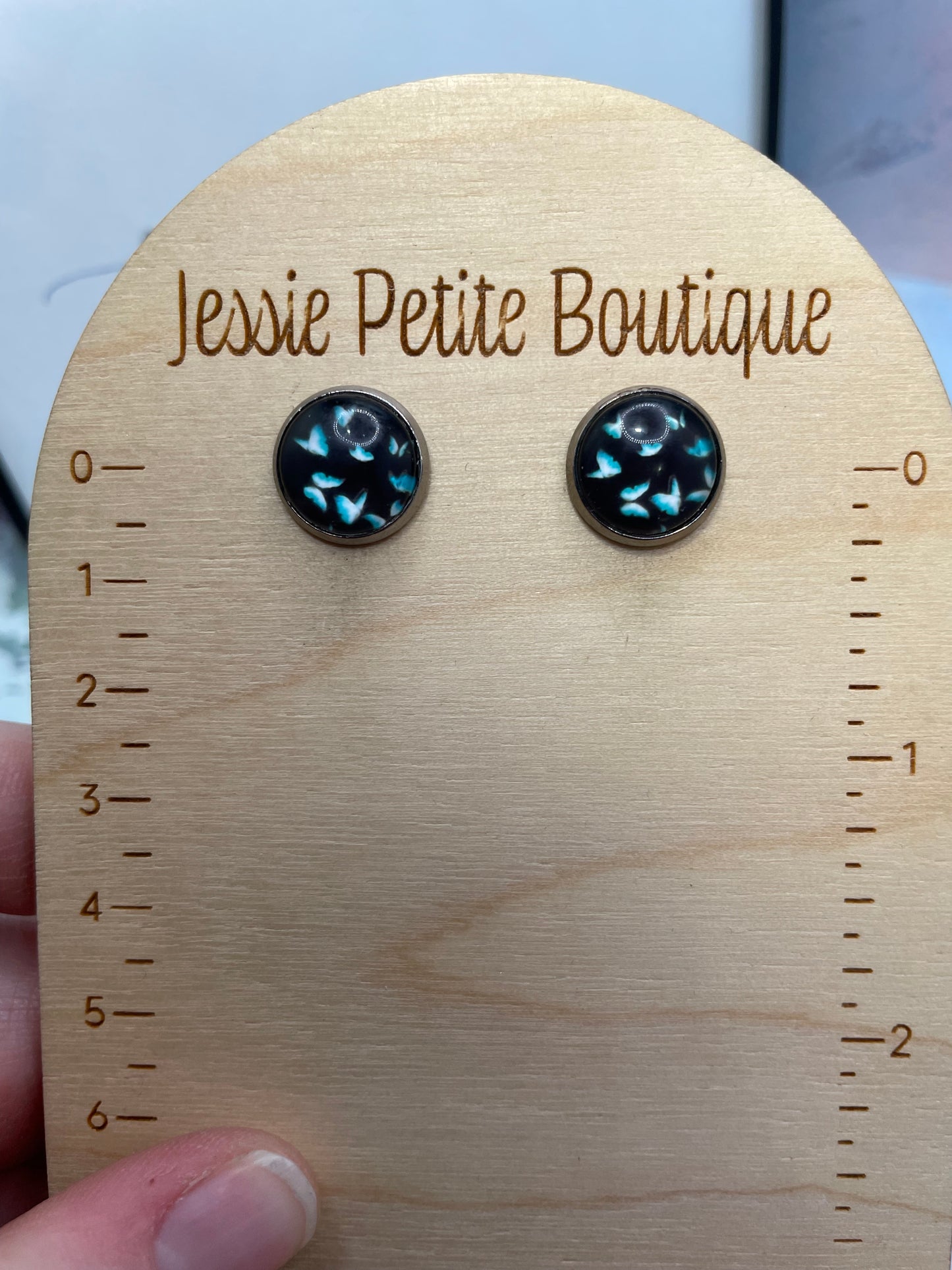 Blue Butterfly Cabochon Stud Earrings-Stainless Steel+Nickel Free