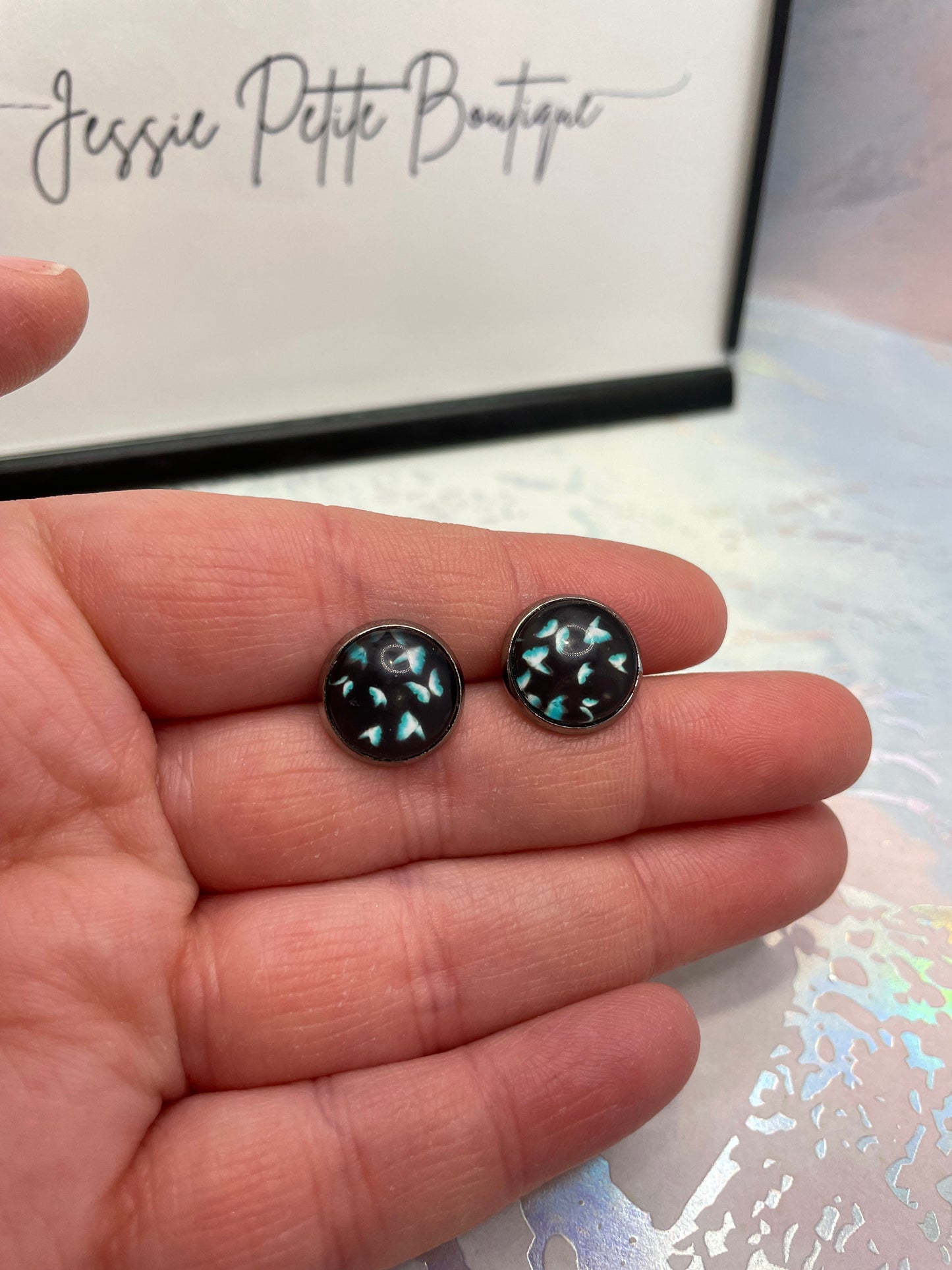 Blue Butterfly Cabochon Stud Earrings-Stainless Steel+Nickel Free