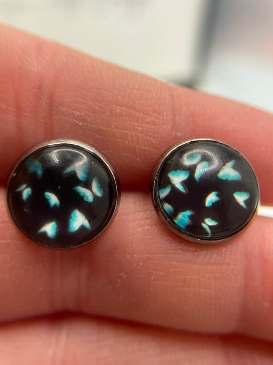 Blue Butterfly Cabochon Stud Earrings-Stainless Steel+Nickel Free