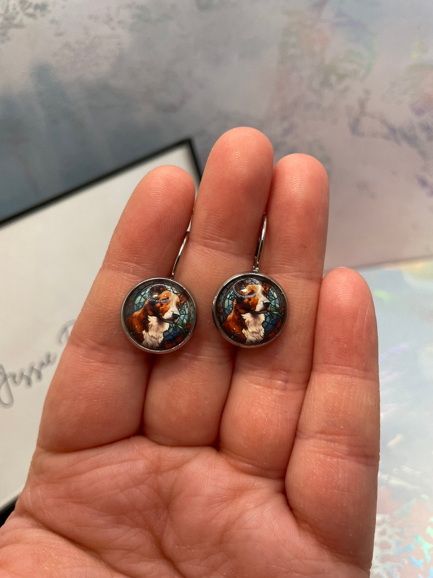 Boucles d'oreilles Dormeuse Cabochon Chien-Acier Inoxydable+Sans Nickel