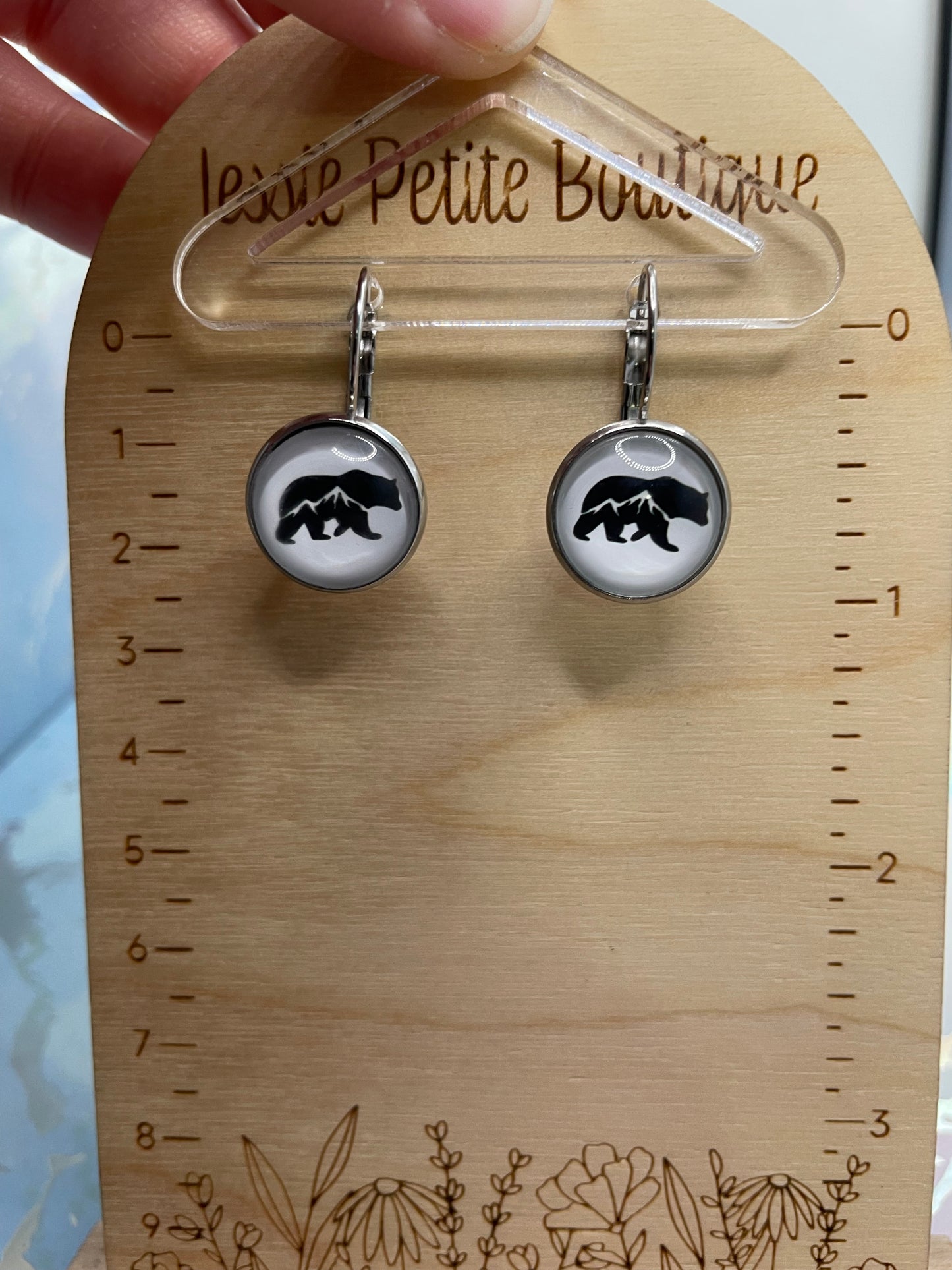 Boucles d’oreilles dormeuses cabochon ours et montagne-Acier inoxydable+Sans Nickel