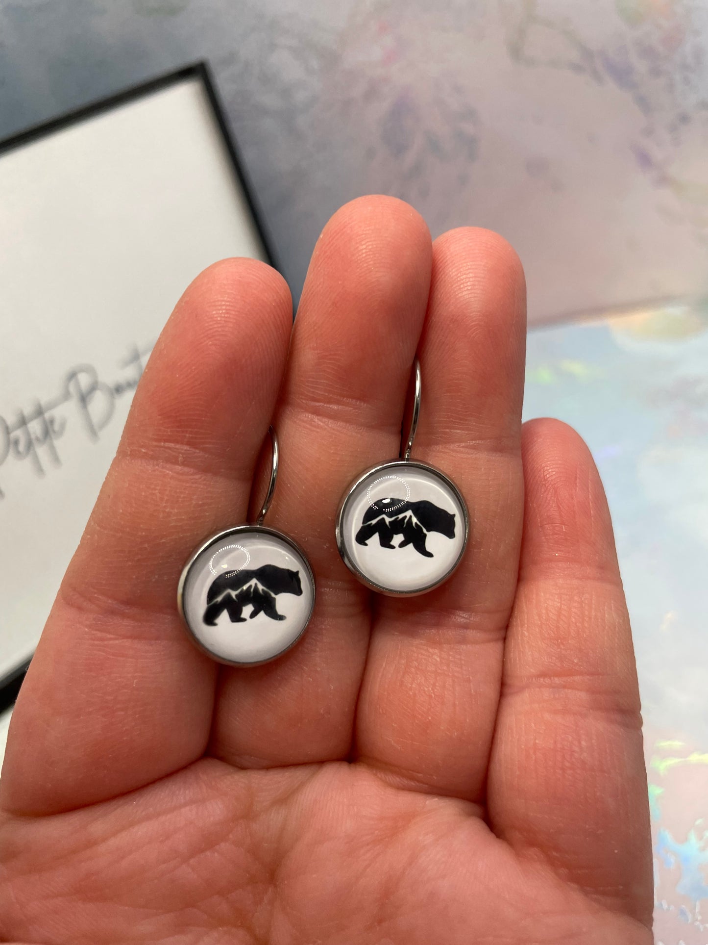 Boucles d’oreilles dormeuses cabochon ours et montagne-Acier inoxydable+Sans Nickel