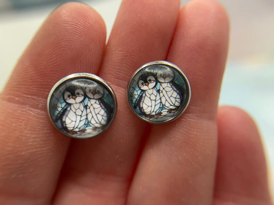 Penguin Cabochon Stud Earrings-Stainless Steel+Nickel Free