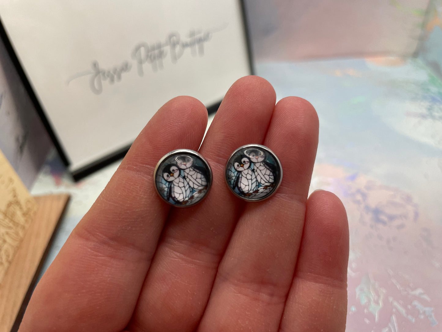 Penguin Cabochon Stud Earrings-Stainless Steel+Nickel Free