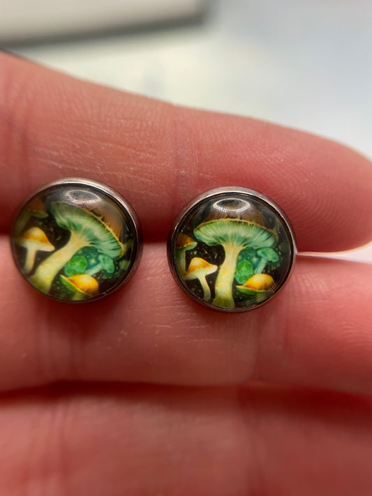 Mushrooms Cabochon Stud Earrings-Stainless Steel+Nickel Free