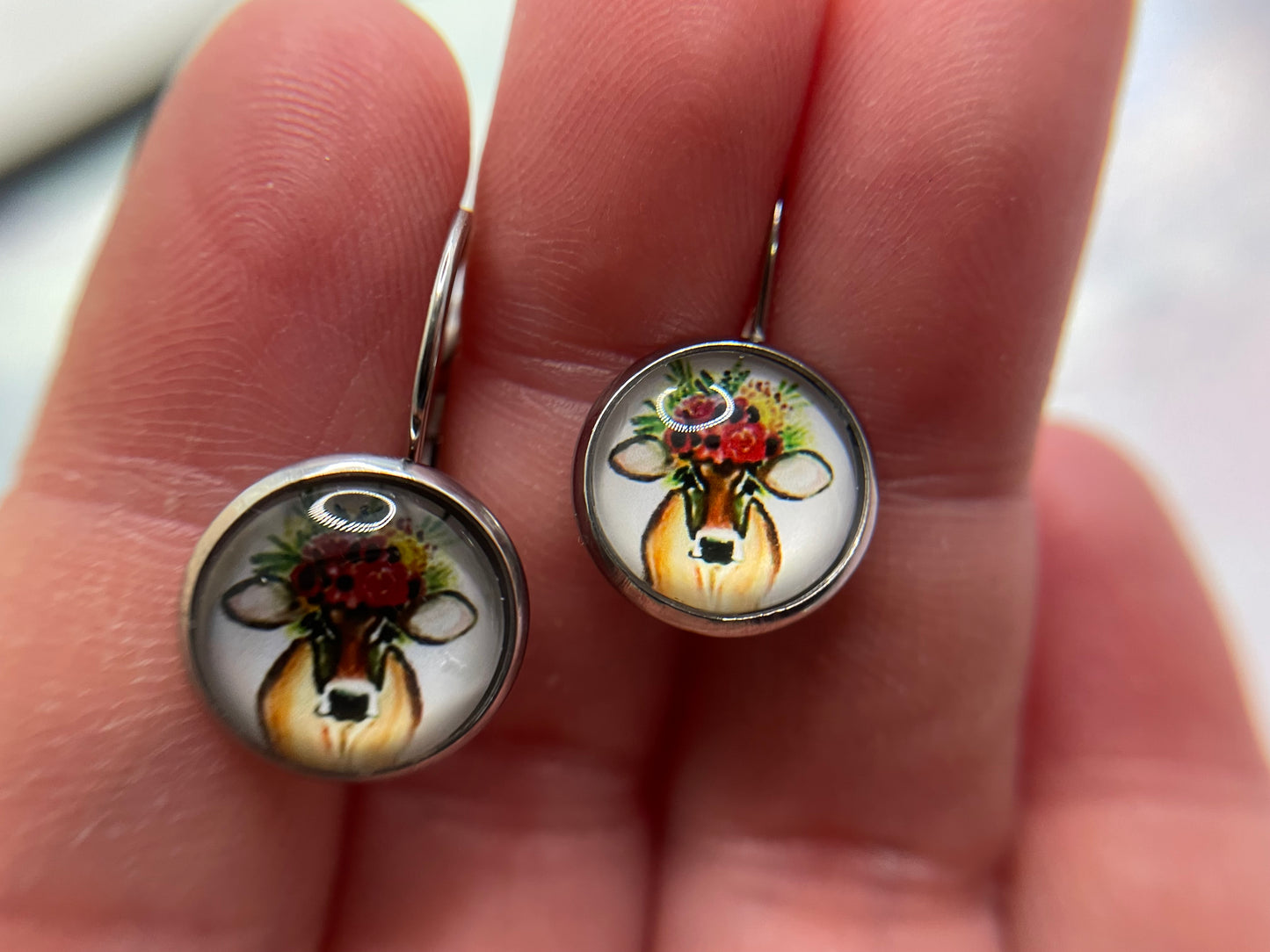 Floral Cow Glass Cabochon Earrings-Stainless Steel+Nickel Free