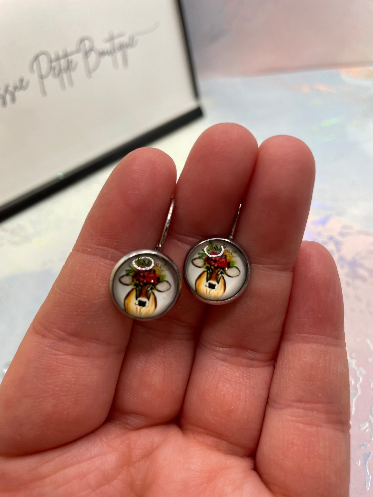 Floral Cow Glass Cabochon Earrings-Stainless Steel+Nickel Free