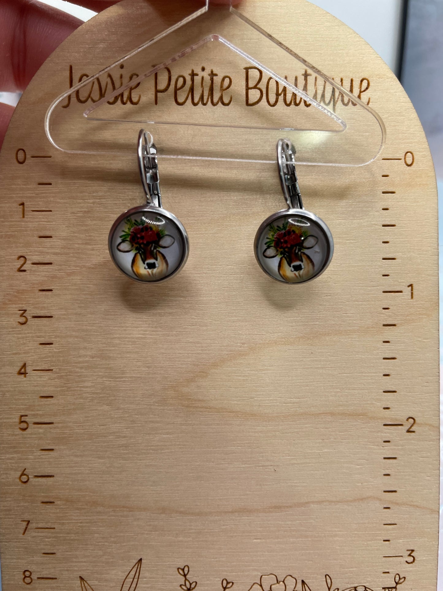 Floral Cow Glass Cabochon Earrings-Stainless Steel+Nickel Free