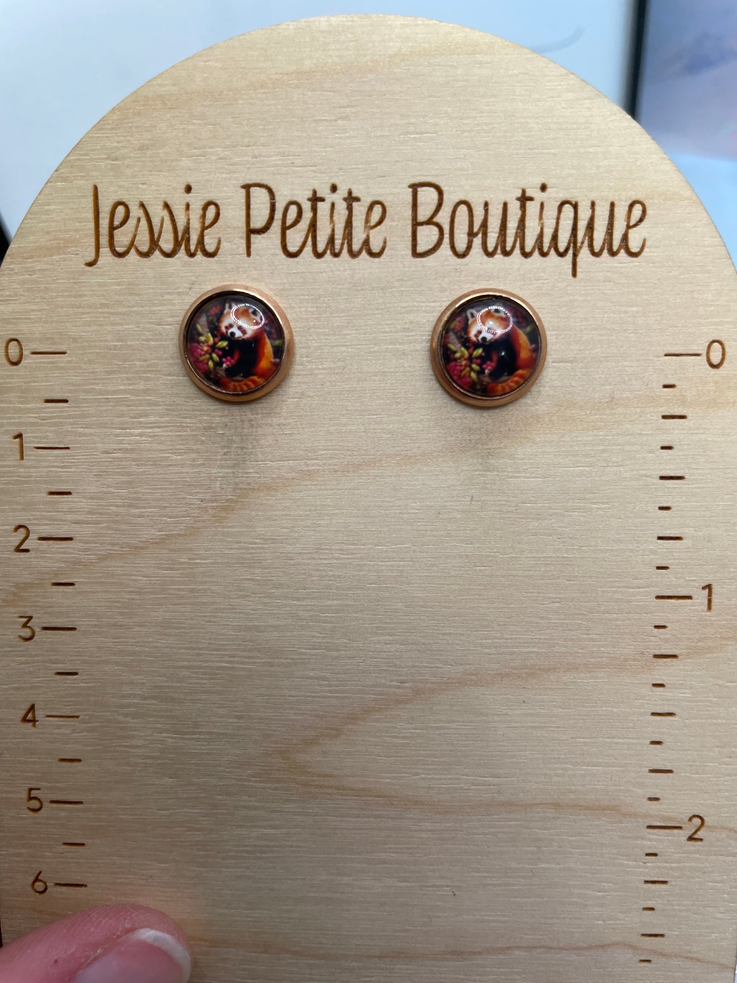 Red Panda Cabochon Rose Gold Stud Earrings-Stainless Steel+Nickel-Free