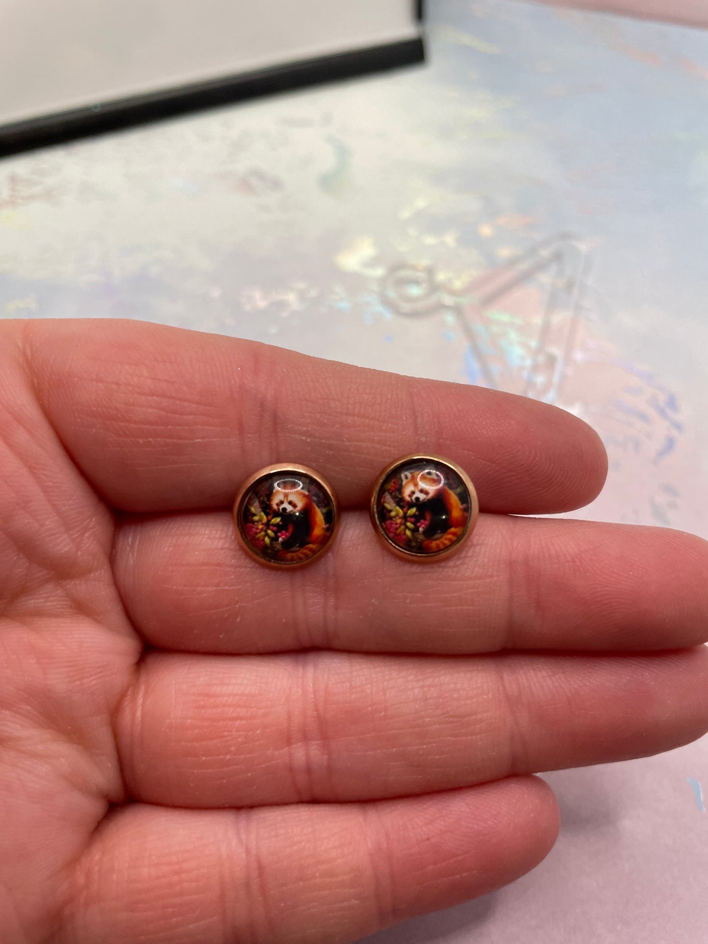 Red Panda Cabochon Rose Gold Stud Earrings-Stainless Steel+Nickel-Free