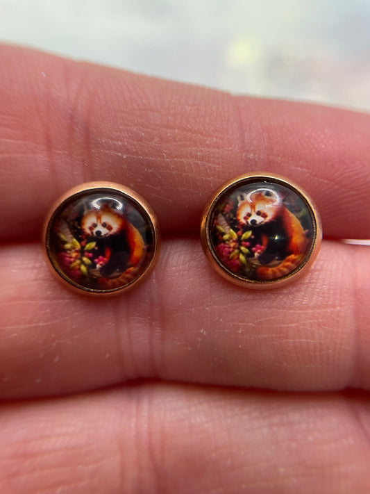 Red Panda Cabochon Rose Gold Stud Earrings-Stainless Steel+Nickel-Free