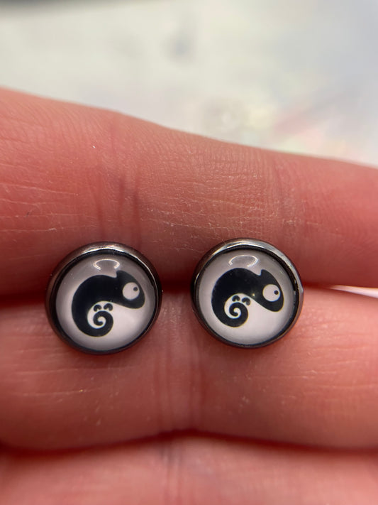 Chameleon Cabochon Stud Earrings-Stainless Steel +Nickel-Free
