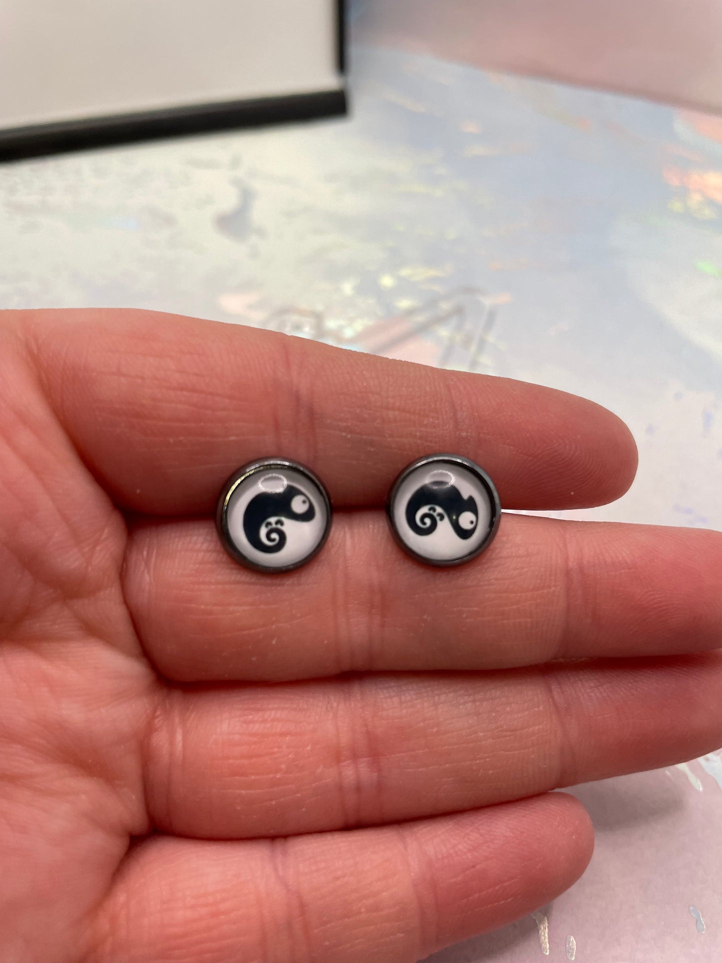 Chameleon Cabochon Stud Earrings-Stainless Steel +Nickel-Free