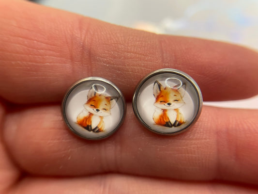Fox Cabochon Stud Earrings- Stainless Steel+Nickel-Free