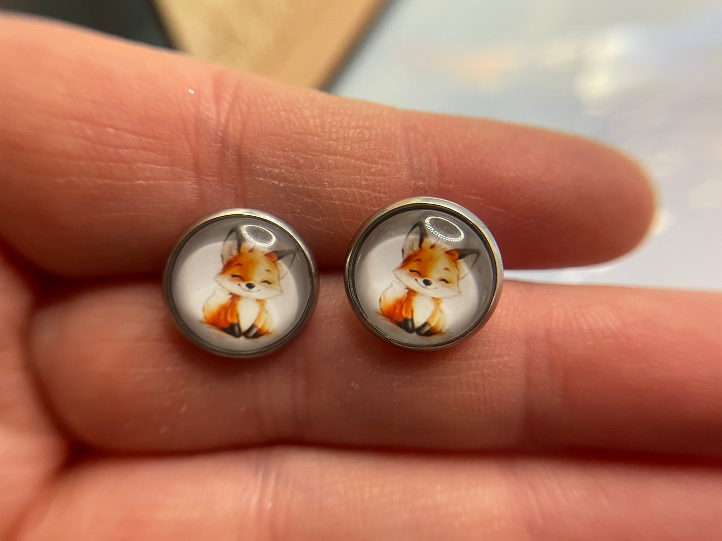 Fox Cabochon Stud Earrings- Stainless Steel+Nickel-Free