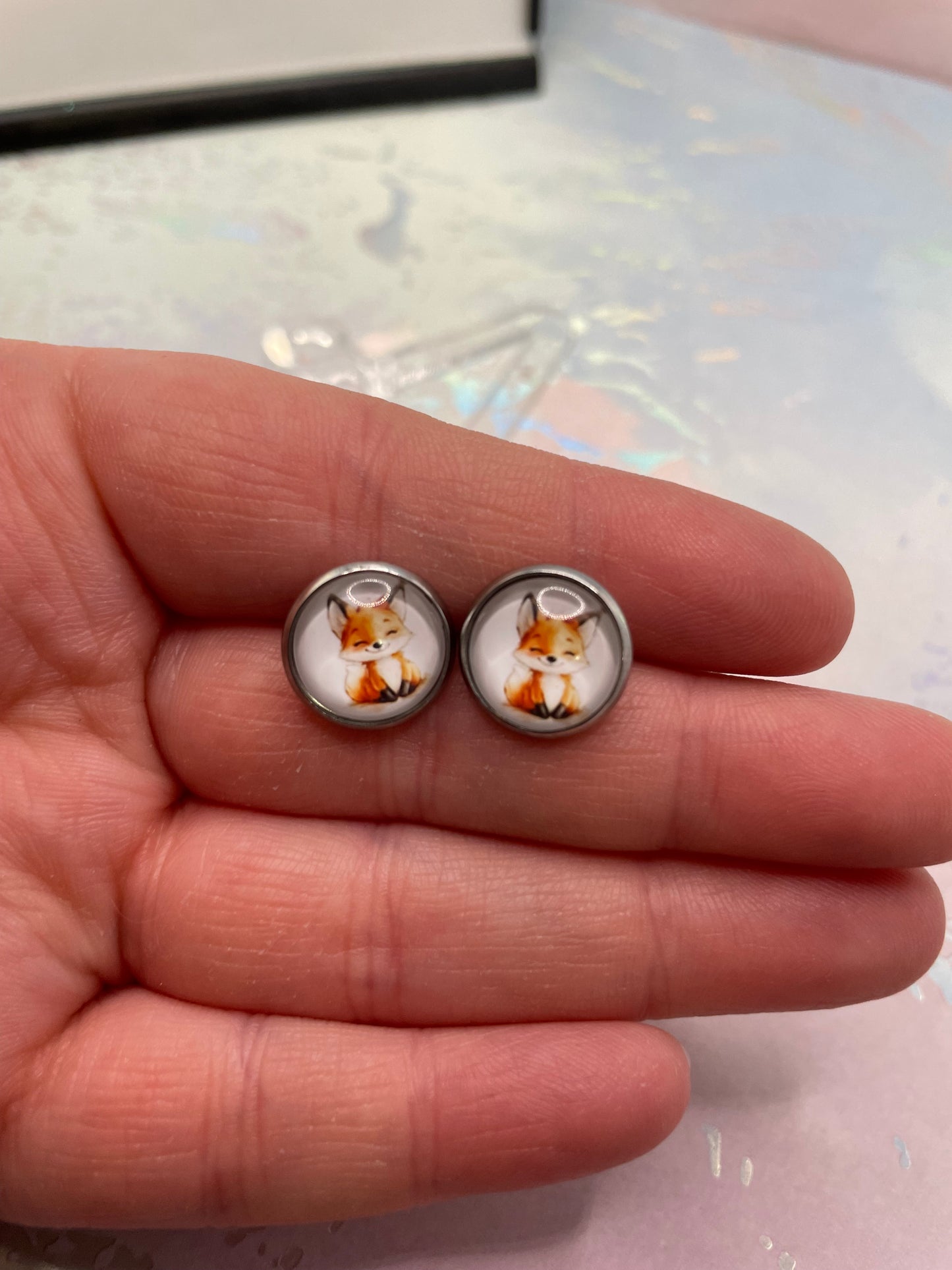 Fox Cabochon Stud Earrings- Stainless Steel+Nickel-Free