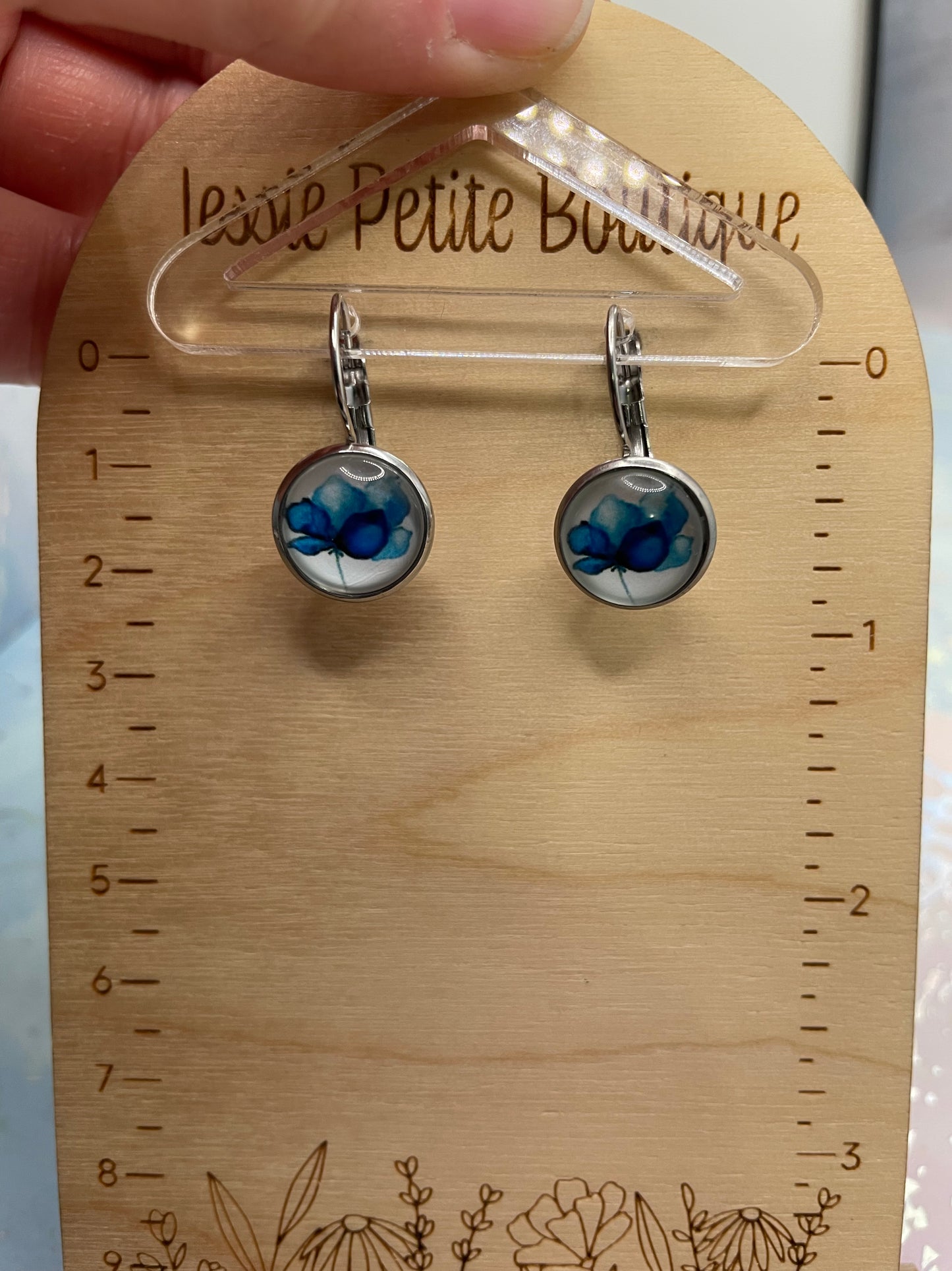 Blue Floral Glass Cabochon Earrings -Stainless Steel+Nickel-Free