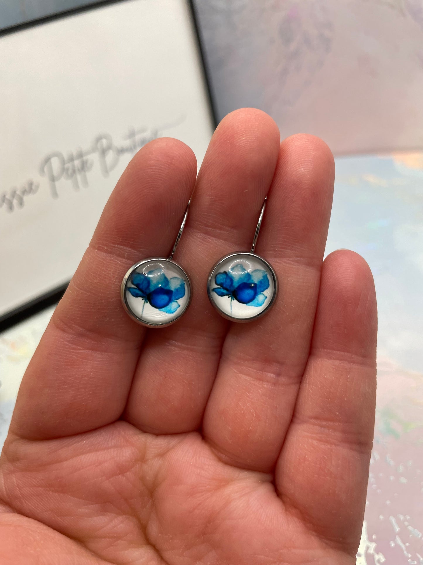 Blue Floral Glass Cabochon Earrings -Stainless Steel+Nickel-Free