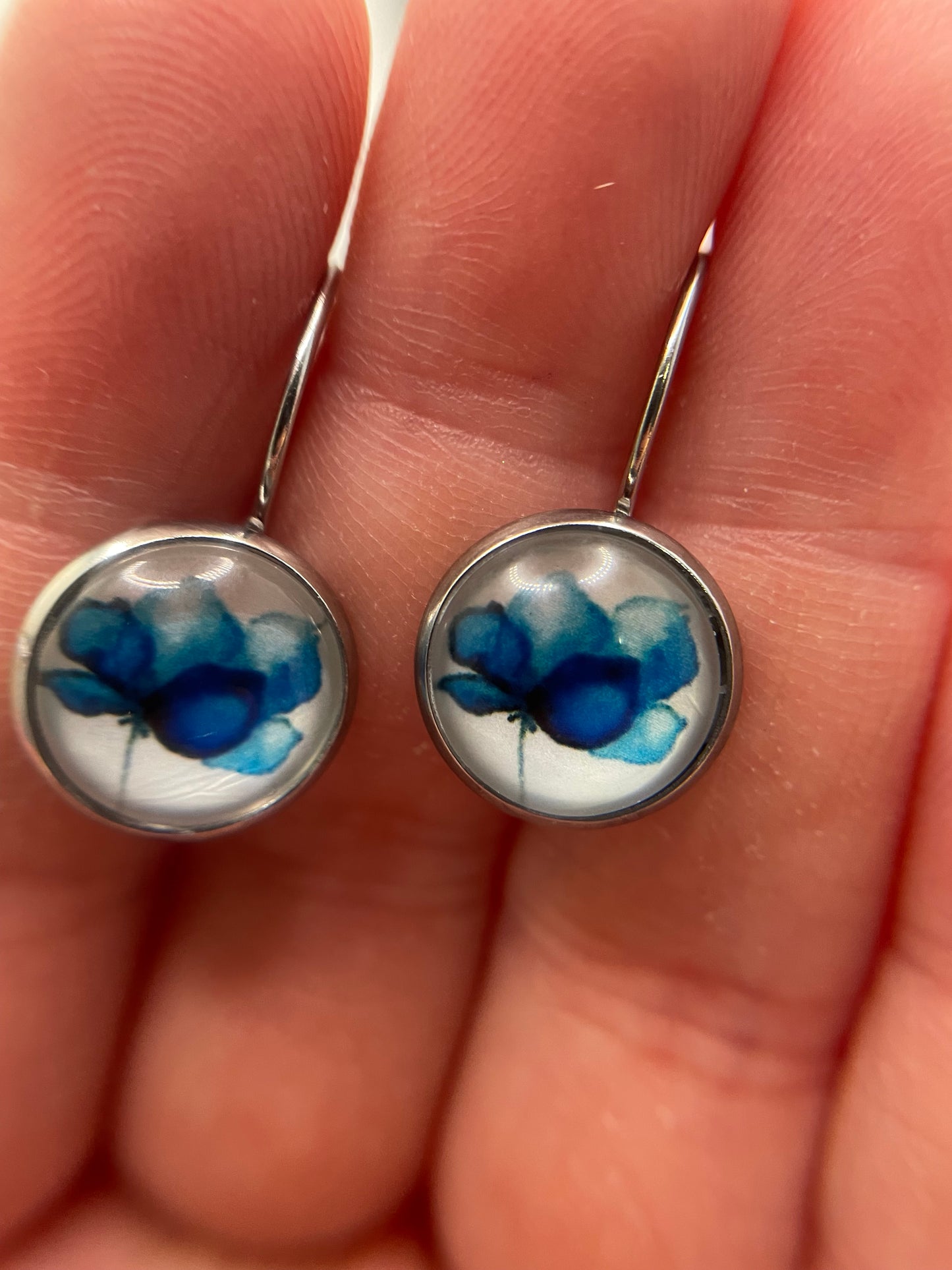 Blue Floral Glass Cabochon Earrings -Stainless Steel+Nickel-Free