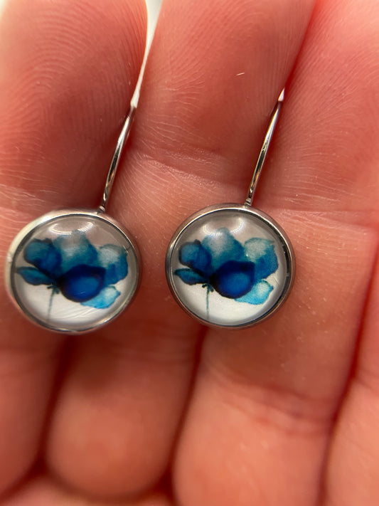 Blue Floral Glass Cabochon Earrings -Stainless Steel+Nickel-Free