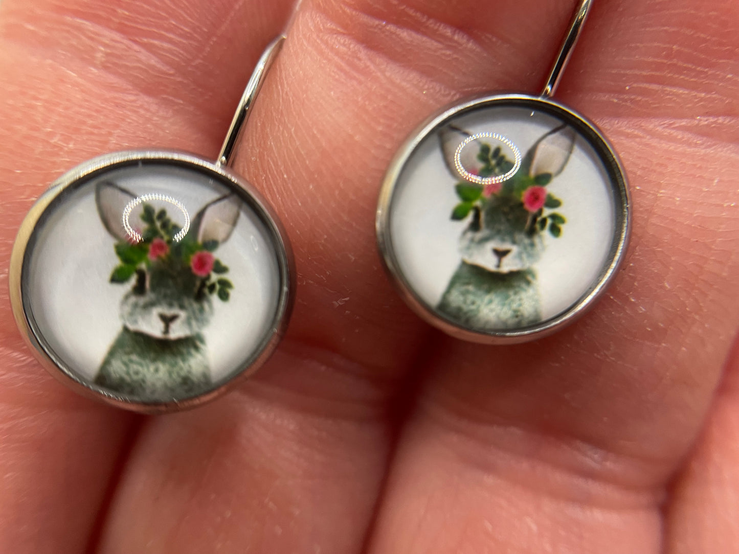 Floral Rabbit Cabochon Earrings-Stainless Steel+Nickel-Free