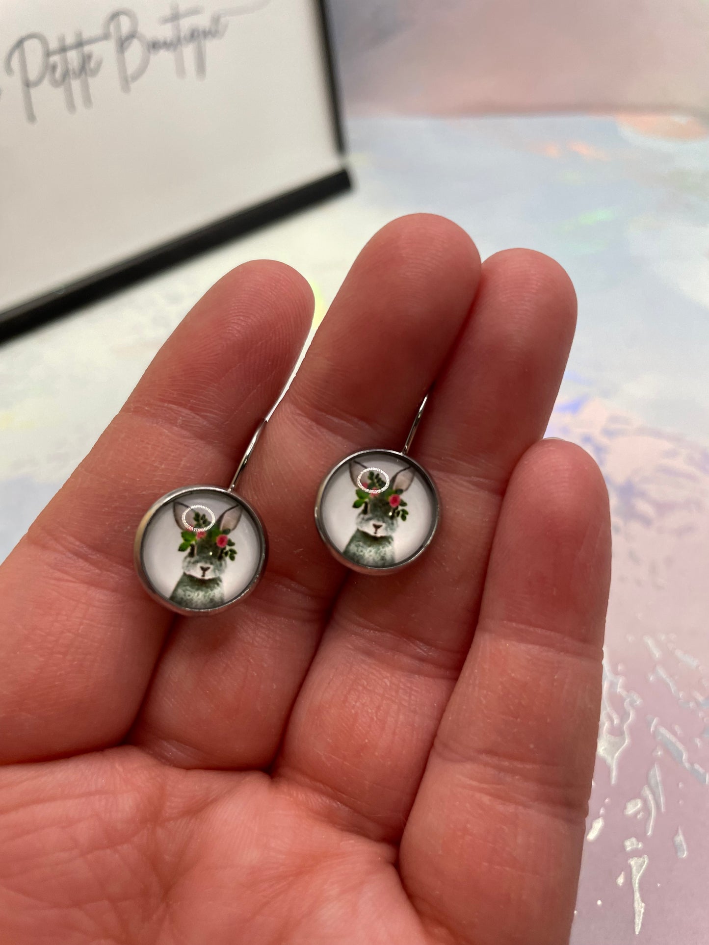 Floral Rabbit Cabochon Earrings-Stainless Steel+Nickel-Free