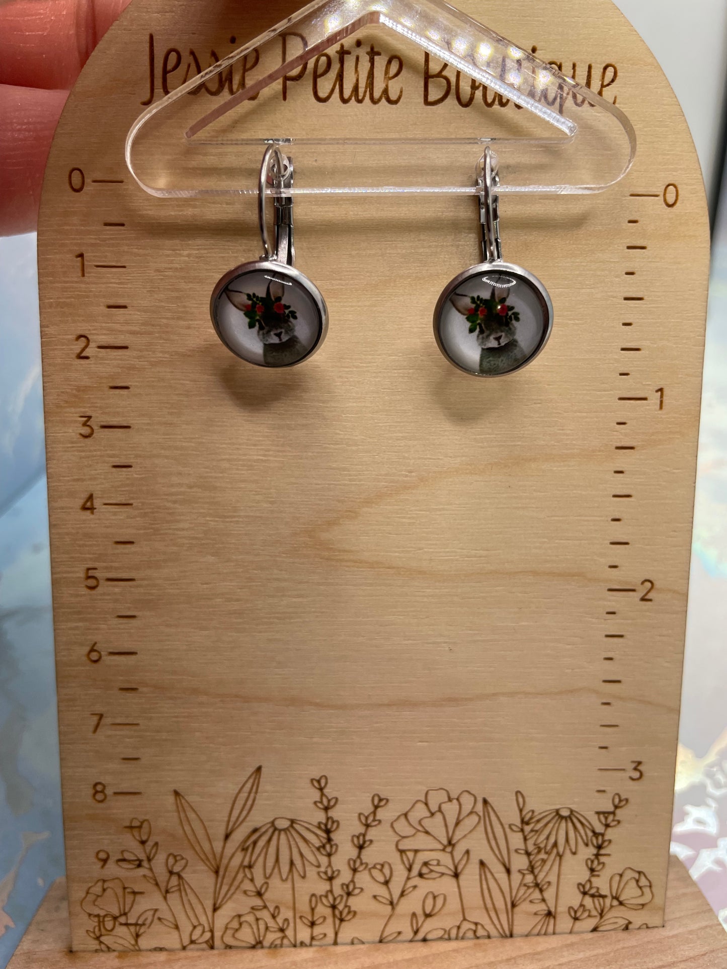 Floral Rabbit Cabochon Earrings-Stainless Steel+Nickel-Free